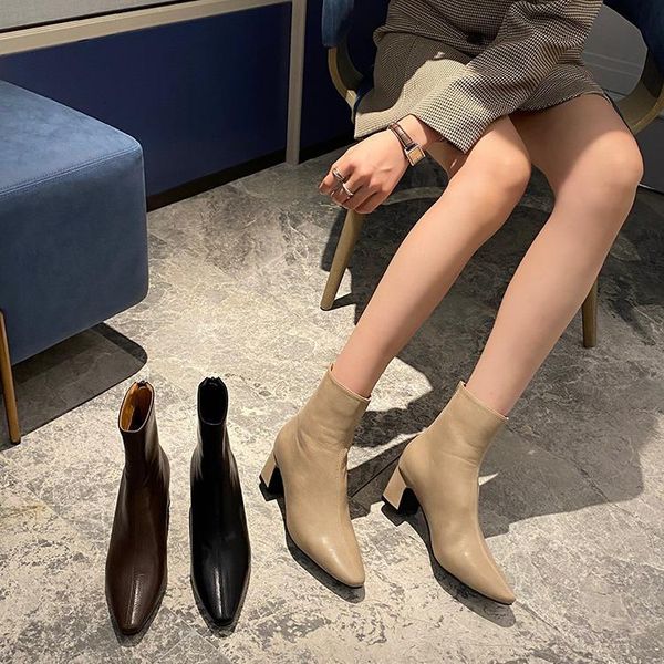 

lady boots brand women's shoes round toe zipper boots-women fashion rubber 2020 high heel mid calf autumn low mid-calf, Black