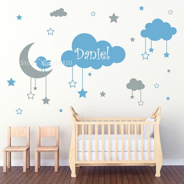 Due colori Kids Lovely Wall Sticker Hanging Clouds Stelle e una luna con un uccellino Decor Baby Nursery Decalcomanie rimovibili YT820 201106