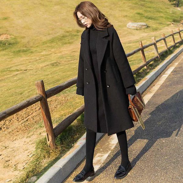 

black fashion woolen coat female mid-length 2020 autumn and winter was thin korean version of the new hepburn style woolen coat1