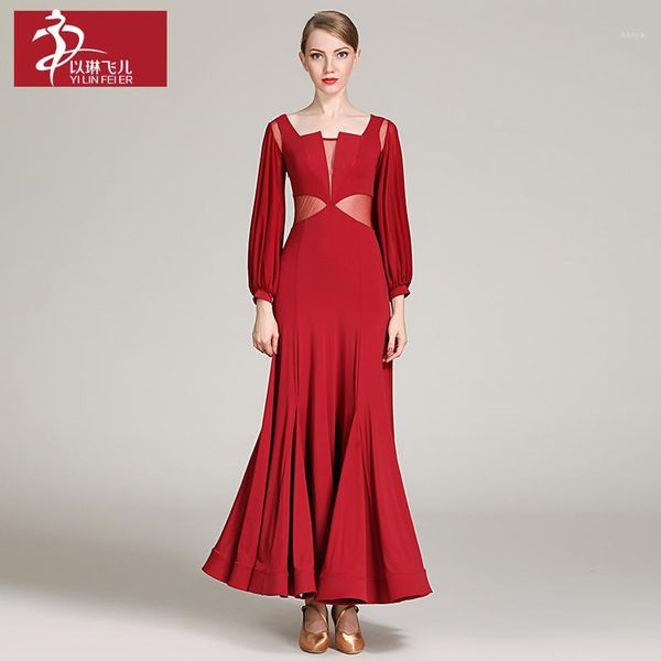 

new lantern long sleeve moden ballroom women dance dresses training performance waltz tango dancing dresses1, Black;red