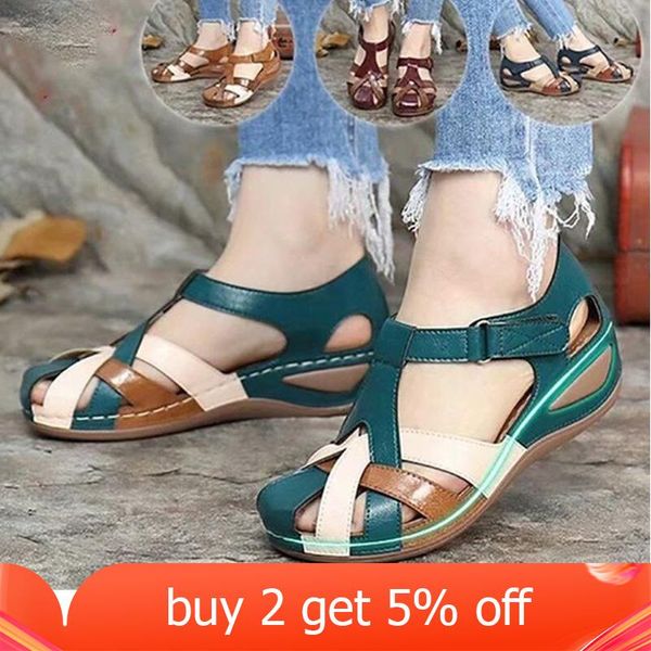 

women sandals wedges vintage embroidery shoes woman casual ladies round toe buckle strap sewing 2021 summer sandals female roman, Black