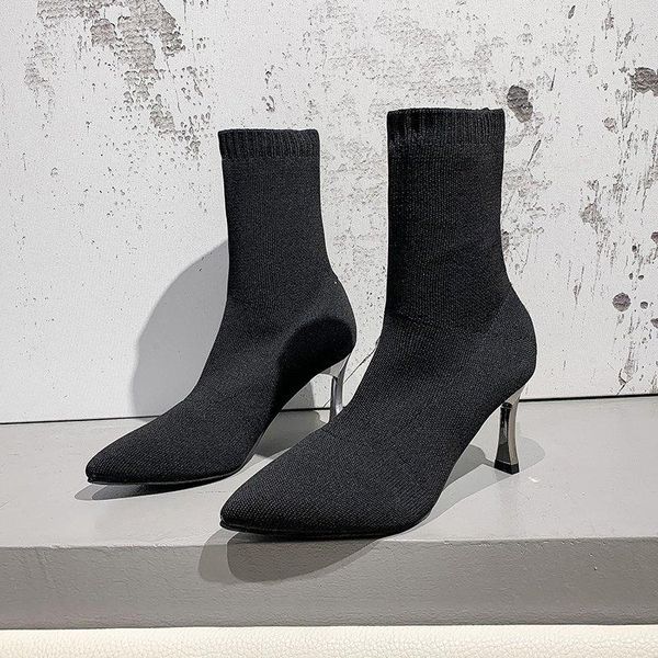 

boots 2021 fashion sock women high heel woven black ankle gothic shoes autumn stilettos heeled