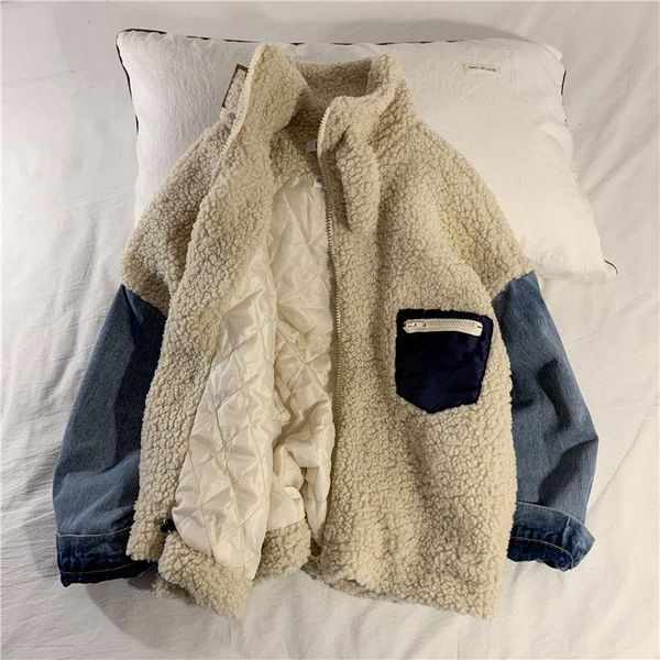 

winter lamb fur jacket men's warm fashion retro denim stitching stand collar coat men loose korean short coat mens clothes m, Black