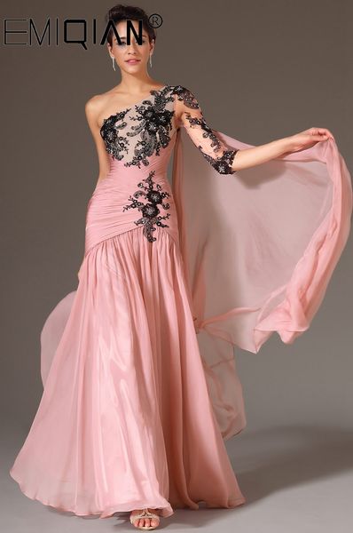 

black lace applique long formal evening party gowns,one shoulder evening gowns,pink chiffon mermaid evening dresses lj201120, White;black