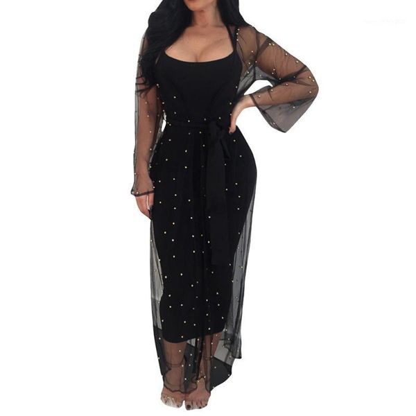 

casual dresses woman party night polyester solid color suspender ankle-length dress+diamond mesh gauze jacket dress plus size1, Black;gray