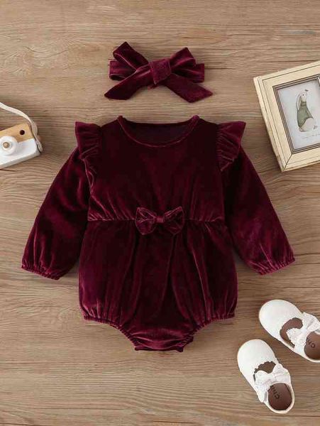 

baby solid ruffle bow velvet bodysuit with headband she, Blue