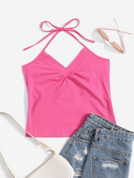 

solid ruched detail halter c7bw#, White