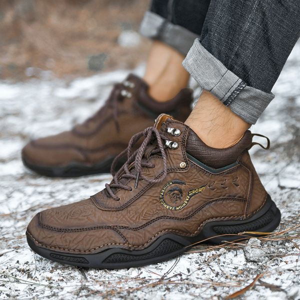 

men's casual winter plush warm snow anti-puncture shoes classic combat lace up ankle boots, Black