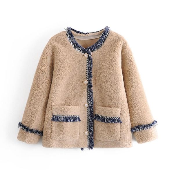 

women's wool & blends zoulv fall/winter 2021 slim pearl button pocket short velvet round neck splicing season small fragrance mao coat, Black