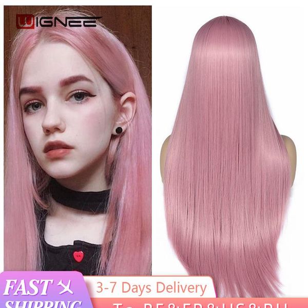 

wignee розовый длинный прямой синтетический парик для женщин пачка волос с закрытием ежедневная / партия термостойкая несмотрящая несмотряща, Black