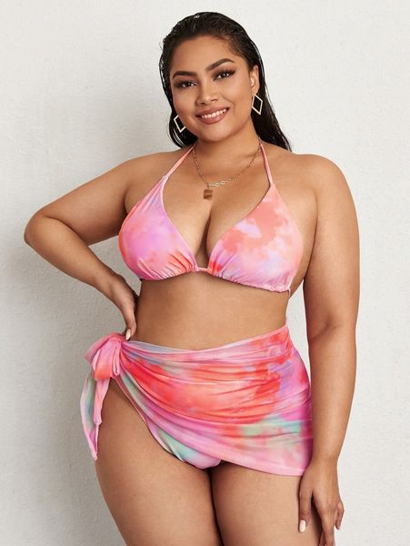 

3pack plus tie dye triangle bikini swimsuit & beach skirt w9gr#, Black