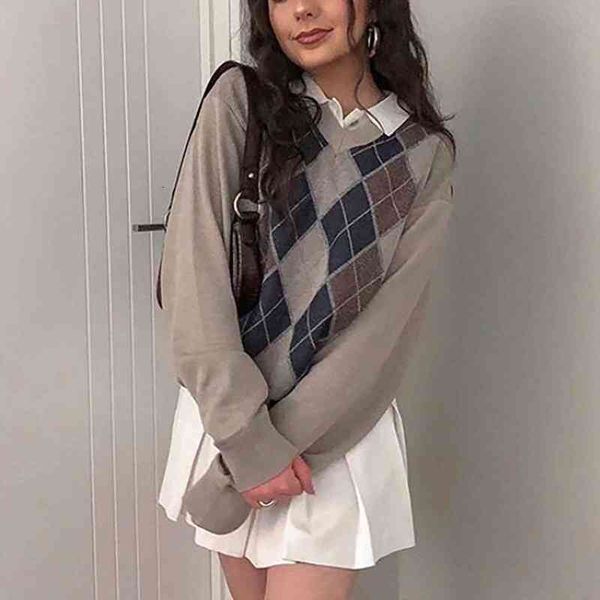 

autumn and winter delicate cute girls light brown lapel diamond knitted sweater casual loose long-sleeved streetwear, White;black