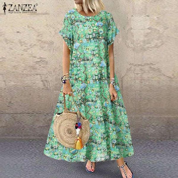 

2020 summer holiday beach party dress zanzea casual short sleeve sundress womens vintage bohemian print long vestido robe tunic1, Black;gray