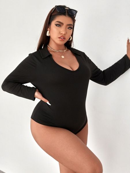 

plus solid collared bodysuit a0xj#, Black