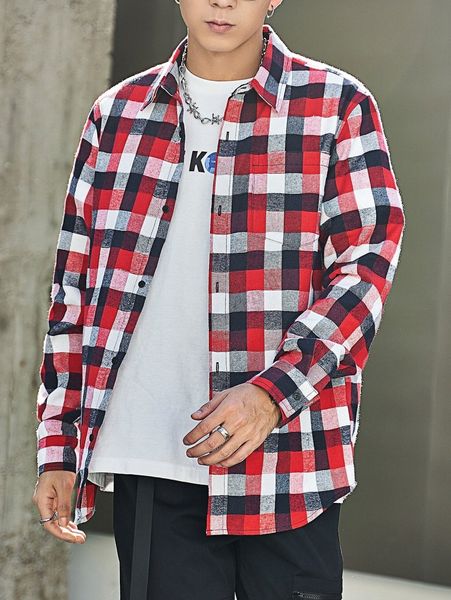 

men plaid patched pocket shirt b9ff#, White;black