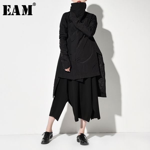 

[eam] asymmetrical high collar cotton-padded coat long sleeve loose fit women parkas fashion tide new spring autumn ya7710 201029, Black