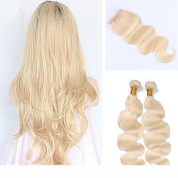 

#613 blonde virgin hair with closure body wave mongolian hair weave 3 bundles with lace closures pure color human extensions, Black;brown