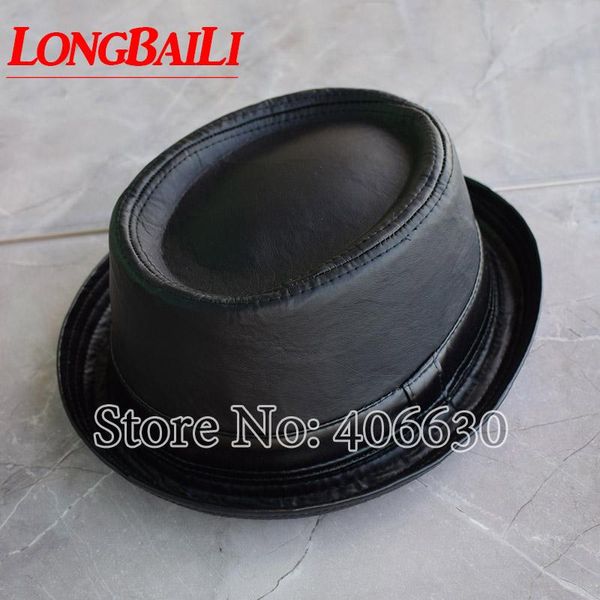 

new fashion black faux leather porkpie hats for men chapeu masculino fedora flat caps medb038, Blue;gray