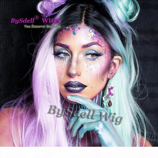 

gorgeous queen style wig synthetic lace front wig with black roots ombre pastel purple green color hair wigs for fashion woman