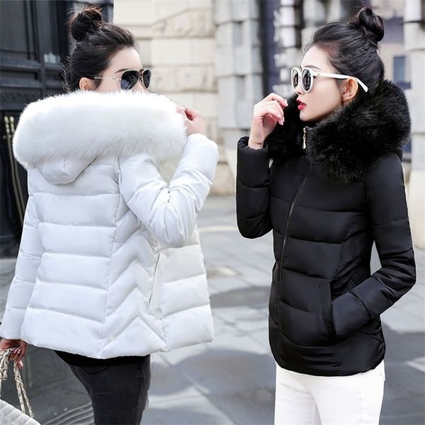 

big fur new winter jacket women parkas hooded thick down cotton padded parka female jacket short coat slim warm outwear 201026, Black