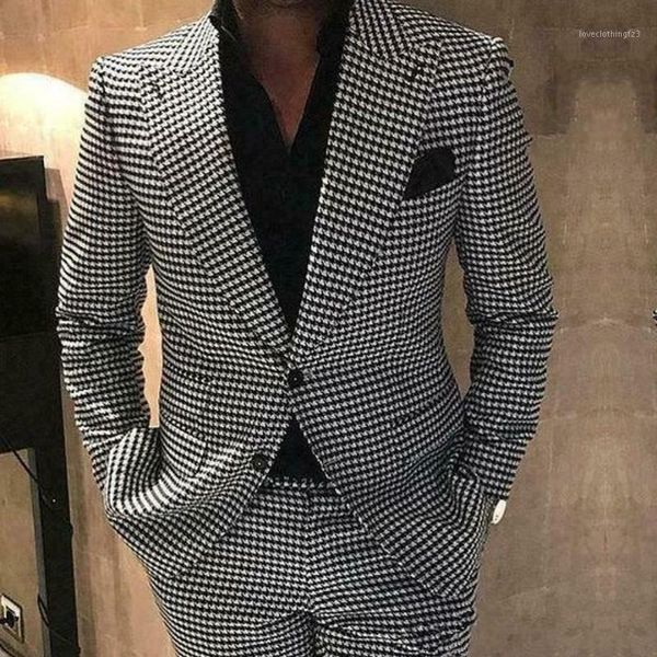 

men's suits & blazers houndstooth business men slim fit for man tuxedo groom wedding jacket blazer lapel 2 pcs pants trousers1, White;black