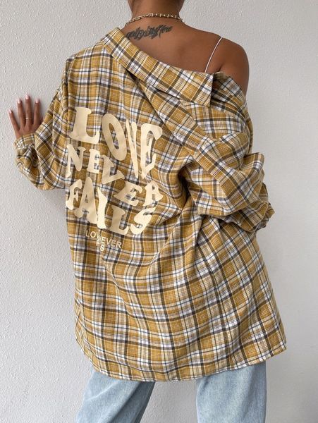 

plaid & slogan graphic drop shoulder blouse k4ae#, White