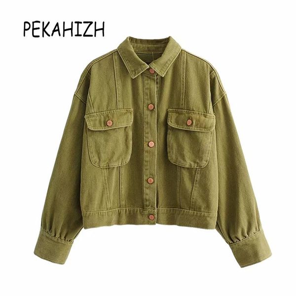 

women's jackets vintage green jeans jacket women biker coat punk button bomber streetwear chaqueta mujer short denim outwear, Black;brown