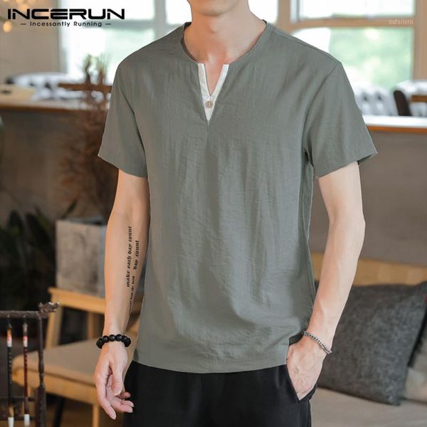 

incerun men casual shirt cotton v neck streetwear retro chinese style print camisa masculina leisure short sleeve blouse 20201, White;black