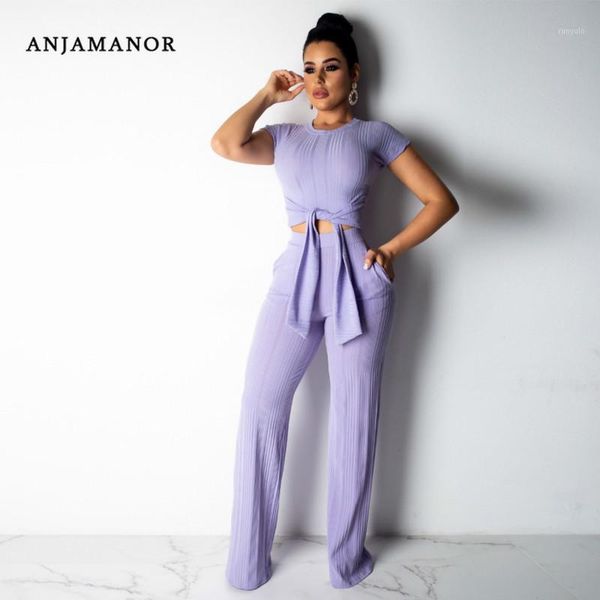 

anjamanor ribbed knit suit 2 piece set women matching sets summer outfits two piece set and high waist pants d43-ag321, White