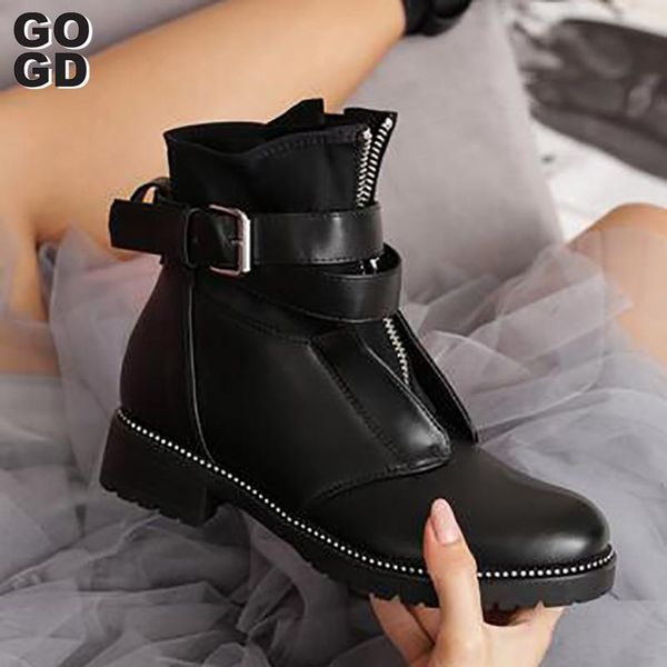 

gogd]autumn winter women boots zipper rivet boots women winter ankle women's shoes round toe shoes, Black