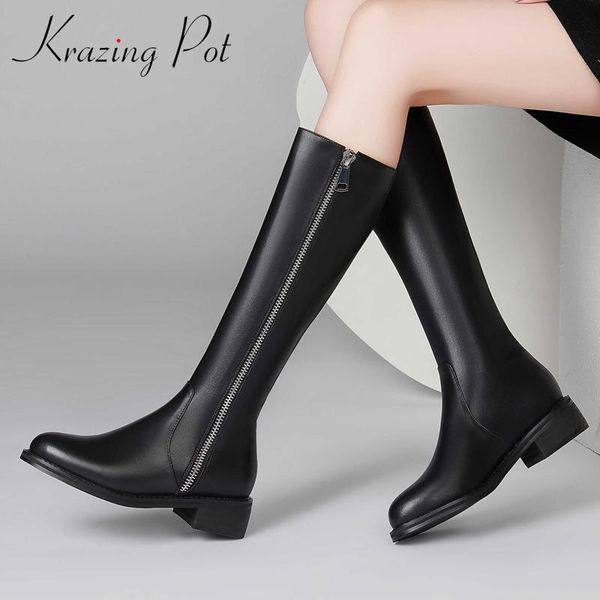 

krazing pot large size genuine leather new leisure round toe thick med heel zipper beauty lady thigh high boots l46, Black