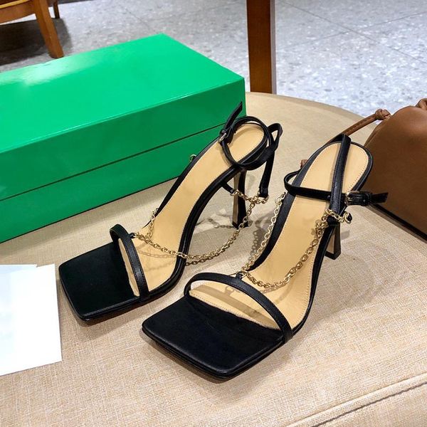 

new fashion chain high heels shoes real leather women sandals high heels summer jelly slides sandals for women size 35-41 with box, Black