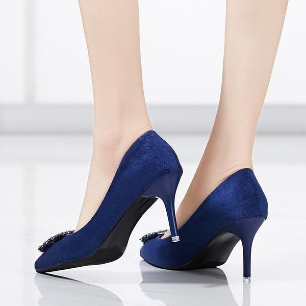 

spring new shallow mouth, pointed stiletto shoes, with height 7 cm and  cm metal square button suede work shoes size 35-401, Black