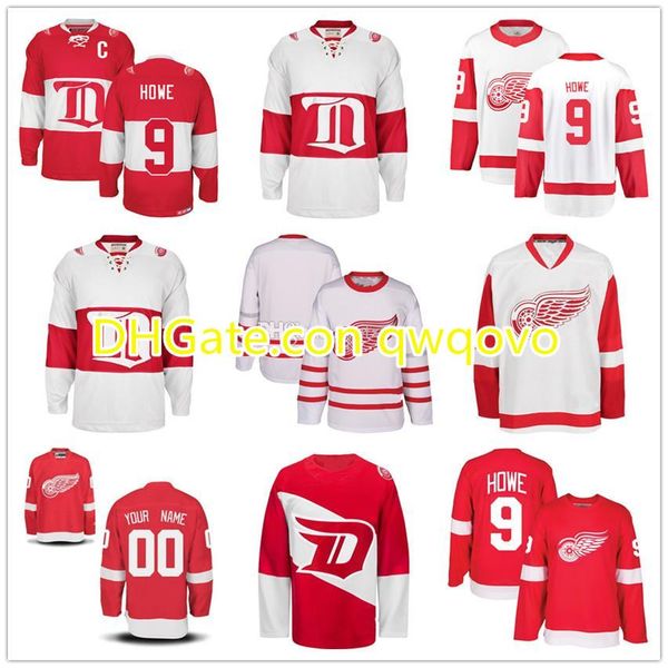 

custom jersey vintage #9 gordie howe detroit red wings white ice hockey jerseys stitchedd your name any number size customized embroidered, Black;red