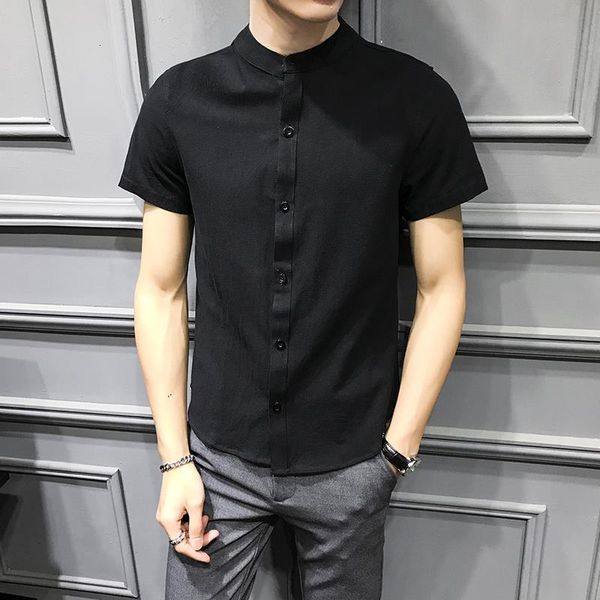 

mandarin collar short sleeve cotton shirt men black white blue shirt man 2020 summer solid breathable casual slim fit shirt male, White;black