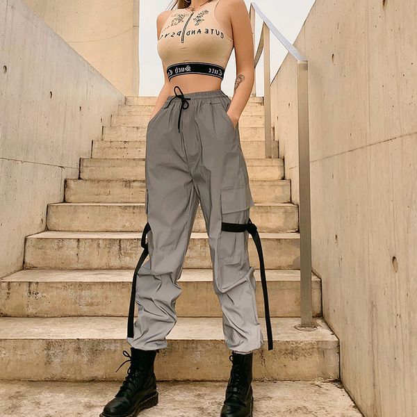 

2021 new reflective jogger high-waisted female cord sportwear pants plus size loose streetwear posts 1 g5u1, Black;white