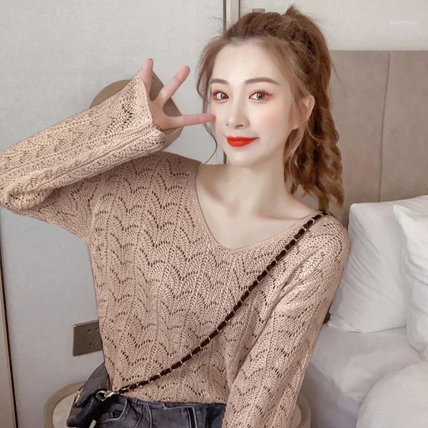 

women's sweaters women's sweater korean-style v-neck loose-fit long-sleeve cutout pullover knitting shirt white solid color 306f1, White;black