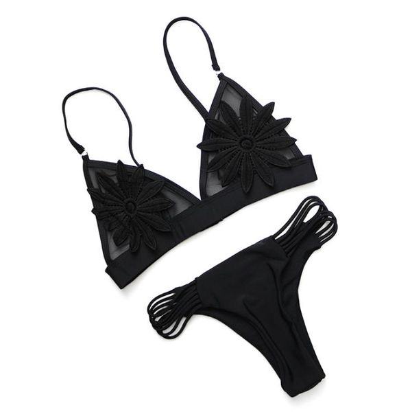 

womens mesh embroidered flower bikini set strappy brazilian two piece set swimsuit white micro thong white mesh swimwear, White;black