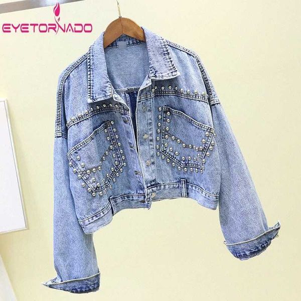 

women oversized crop denim jackets heavy rivets beading large size loose jean jacket casual cowboy bomber jacket jean coat hjgw#, Black;brown