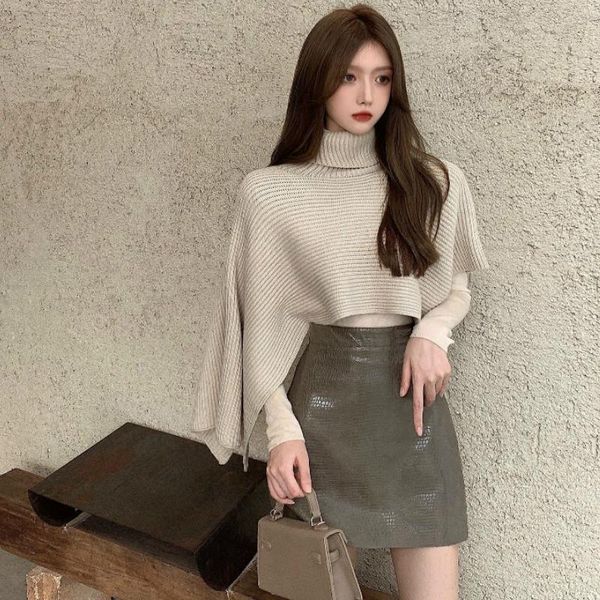 

fashion three-piece sets pu leather mini skirt + turtleneck sweater suit women autumn/winter 2021 new, Gray