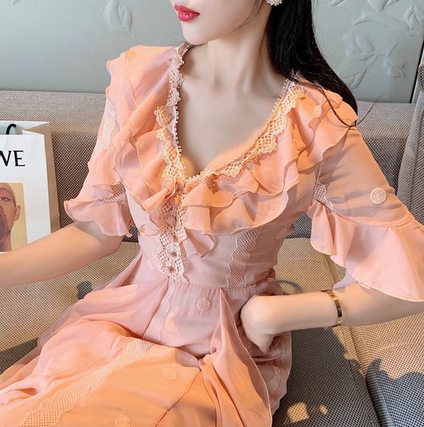 

2021 new summer pink chiffon woman plied with low-necked casual elegant dress long female party s3bi, Black;gray
