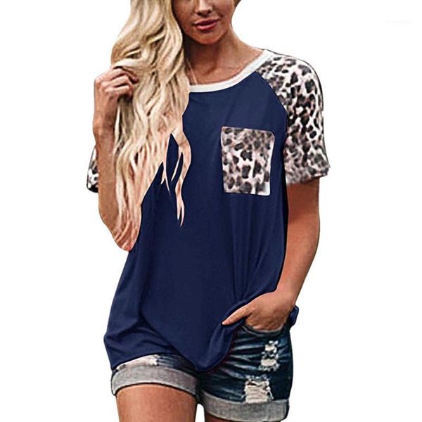 

leopard pocket womens tee short sleeve crop v-neck club party t shirts1, Black;blue