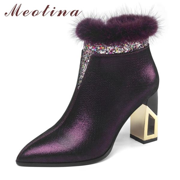 

boots meotina winter ankle women natural genuine leather zip thick heel short fur super high shoes ladies size 34-39, Black