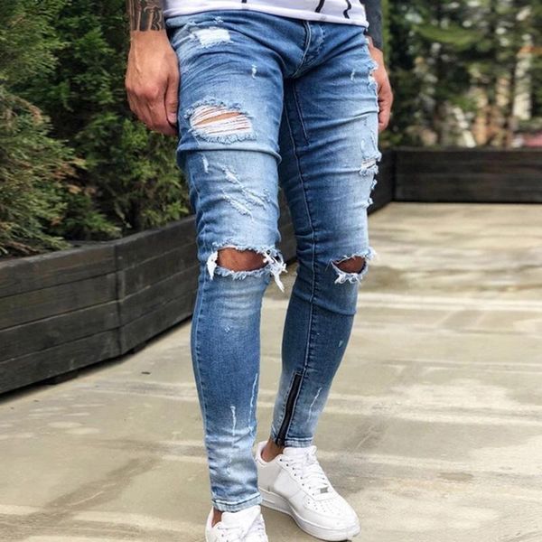 

men's jeans boys mens ripped stretchy skinny slim fit denim pants destroyed frayed moustache effect trousers fashion streetwear, Blue