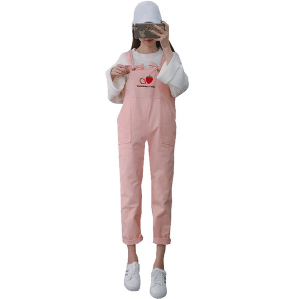 

2021 summer jumpsuit women's college wind cute strawberry embroidered rompers loose harajuku sweet candy color bib pants 6pz5, Black;white