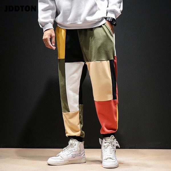 

jddton men's loose contrast color pants patchwork sweatpant cotton jogger full length pants casual male trouser streetwear je217, Black