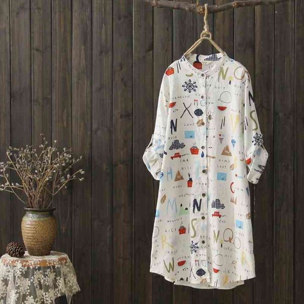 

spring and summer women long blouse shirt aesthetic printed letter thin cotton linen korean clothes three quarter blusas, White