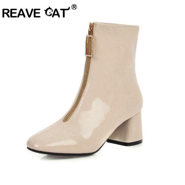 

boots reave cat large size 32-48 patent leather block heel ankle front zipper 5.5 cm heels winter party work shoes apricot, Black