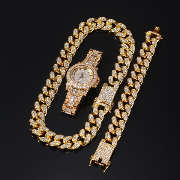 

3pcs set new ale mens bling miami cuban chain necklace bracelet watch set for men women 20mm 18-24inch bling chains, Silver