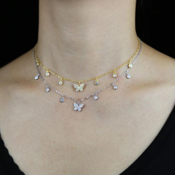 

милый прекрасный дизайн животных cz бабочка bezel round cz charm tassel женщины ожерелье 925 серебро, Silver